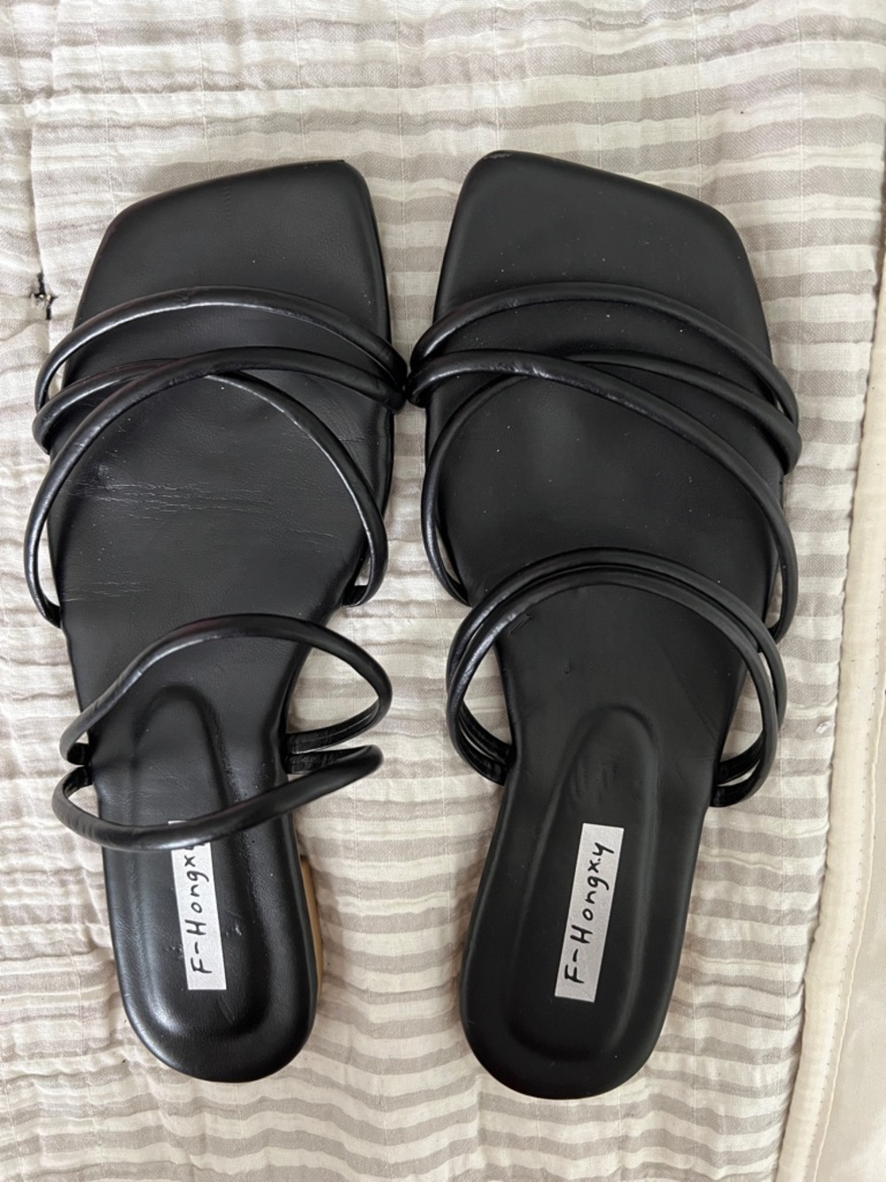 Black Strappy Square-Toe Slide Sandals